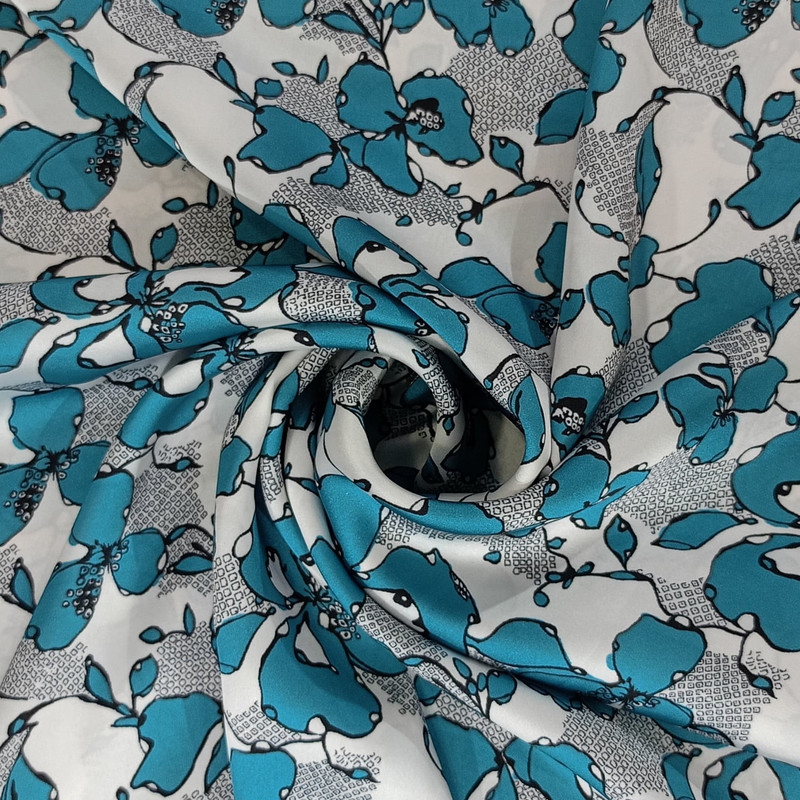 Blue Flower Print On Korean Satin SS22N KSPB67