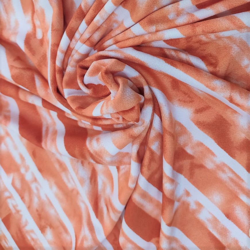 Pictorial Stripes (Orange) Print On Mango Crepe Fabric