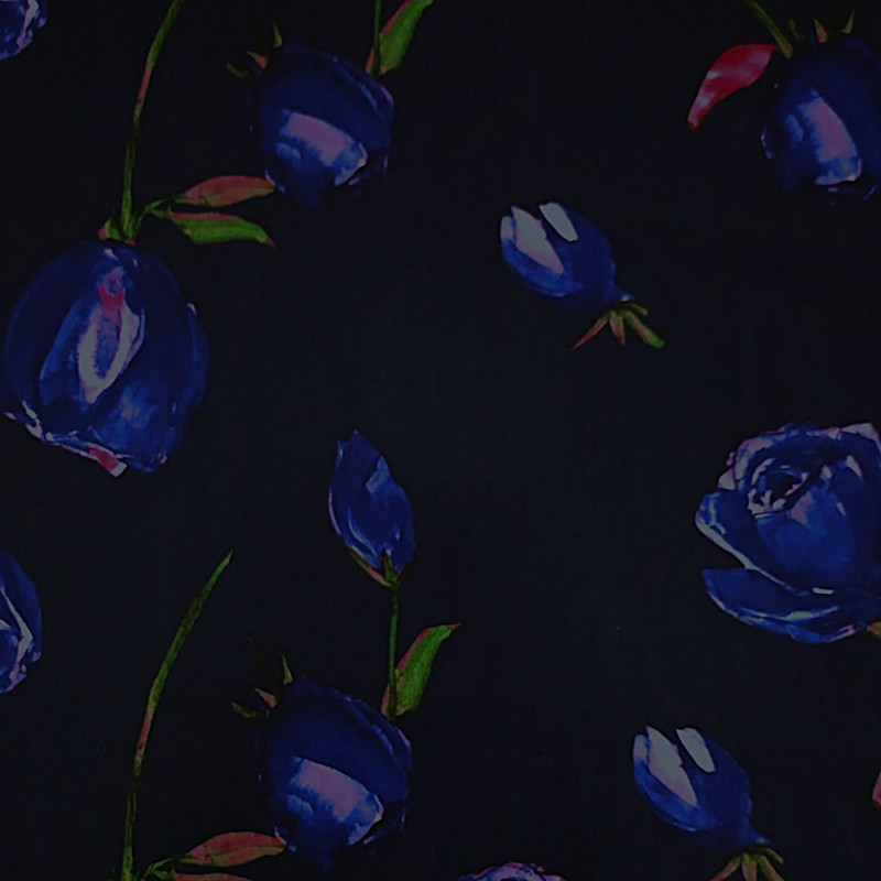 Blue Floral Print On Korean Satin S23 KSPS21